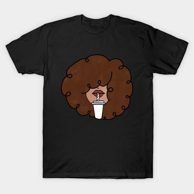 Pepette with a straw Beautiful Black Woman Drinking in a Travel Mug Cute Coffee Dates Coffee Espresso Cappuccino Latte Macchiato Coffee with Milk Cute Black Woman with Afro Hair Natural Hair Curly Hair Perfect Coffee Lover Gift for African American T-Shirt by nathalieaynie